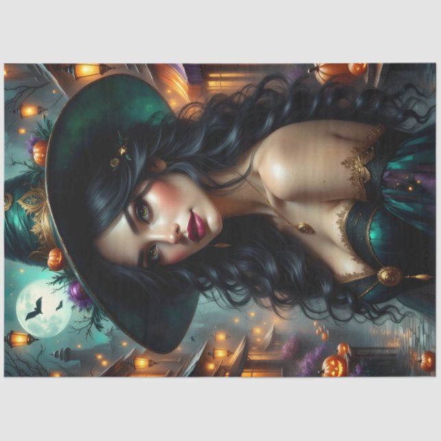 Papier Mousseline Sorcière d'Halloween avec Citrouilles et Goth (Recto)