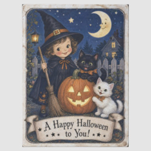 Papier Mousseline Sorcière d'Halloween Chatons Lune Style Vintage