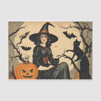 Papier Mousseline Sorcière d'Halloween vintage, Citrouille, Chat noi