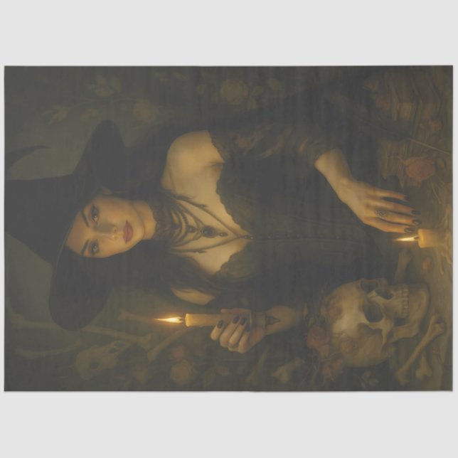 Papier Mousseline Sorcière foncée avec bougie et Halloween gothique  (Recto)