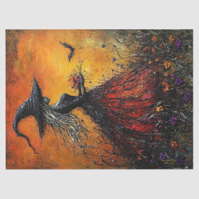 Papier Mousseline Sorcière méchante en rouge avec sa chatte Découpag (Recto)