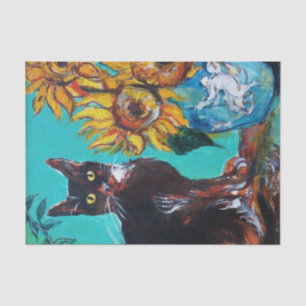 PAPIER MOUSSELINE SOUCHES AVEC CHAT NOIR EN TURQUOISE BLEUE