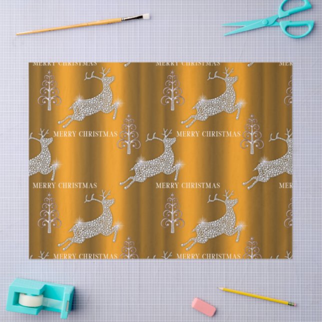 Papier Mousseline Sparkling Diamonds Reindeder sur Gold Christmas (Artisanat)