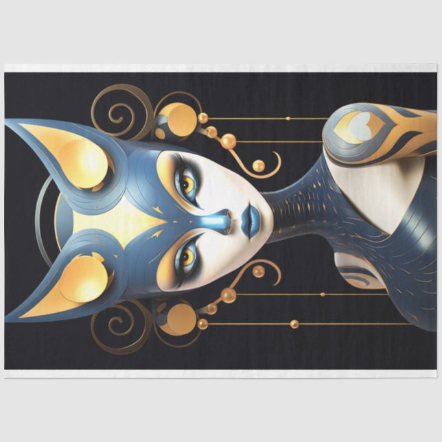 Papier Mousseline Sphinx Chat Noir Or Bleu Art Déco Découpage (Recto)