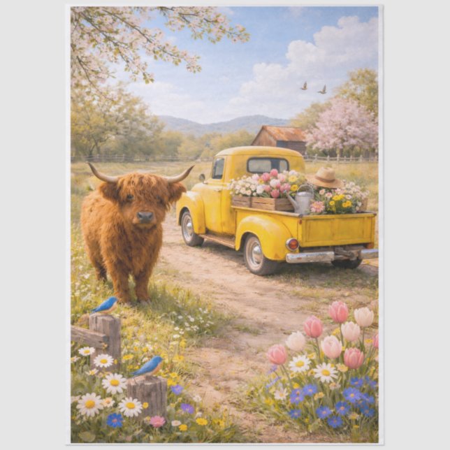Papier Mousseline Springtime Highland Cow  (Recto)