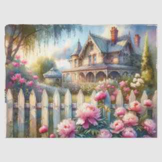 Papier Mousseline Springtime Victorian House & Peonies Tissu Paper