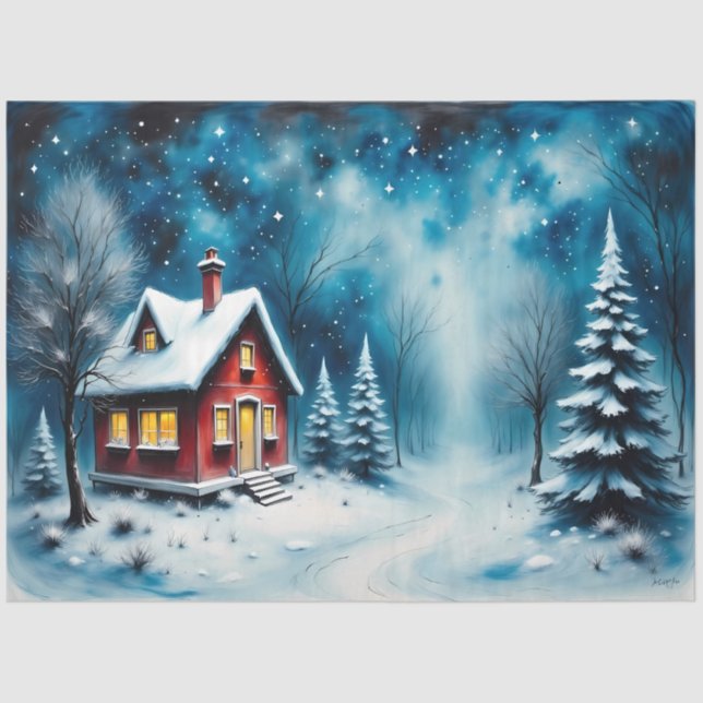 Papier Mousseline Starry Night Cottage Winter Wonderland Découpage (Recto)