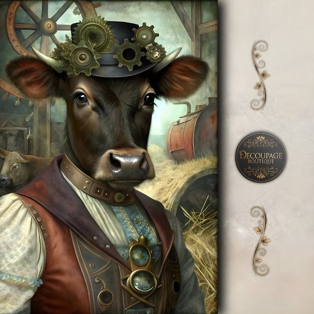 Papier Mousseline Steampunk Calf Whimsical Vintage Farm Decoupage (Steampunk Calf Portrait – Whimsical Vintage Farm Art Decoupage Tissue Paper)