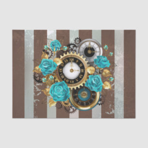 Papier Mousseline Steampunk Clock and Turquoise Roses on Striped