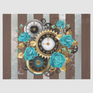 Papier Mousseline Steampunk Clock and Turquoise Roses on Striped