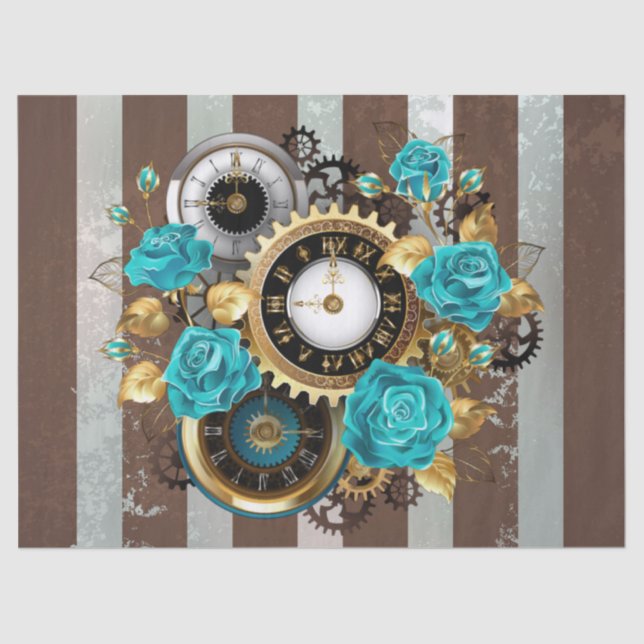 Papier Mousseline Steampunk Clock and Turquoise Roses on Striped (Recto)