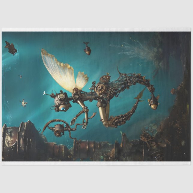 Papier Mousseline Steampunk Diver sous-marin Découpage Turquoise (Recto)