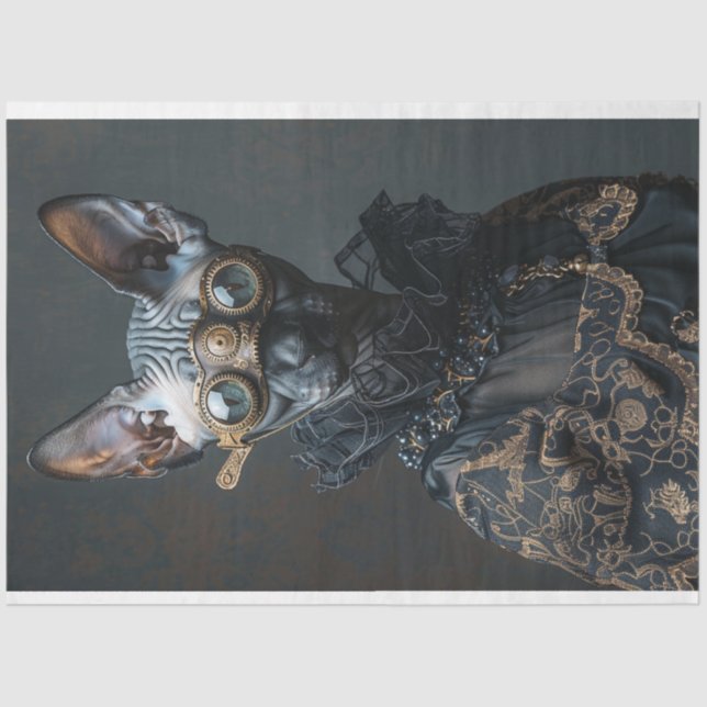 Papier Mousseline Steampunk noir Sphynx Chat Découpage (Recto)