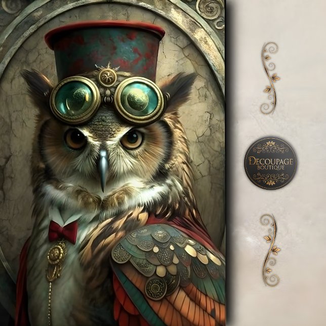 Papier Mousseline Steampunk Owl Whimsical Vintage Art Decoupage (Steampunk Owl Portrait – Whimsical Vintage Art Decoupage Tissue Paper)