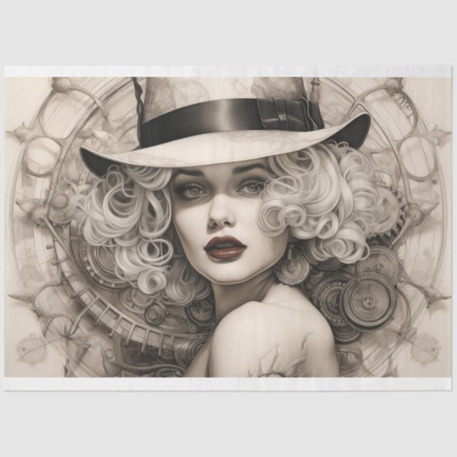 Papier Mousseline Steampunk Sepia Blonde Lady Découpage (Recto)