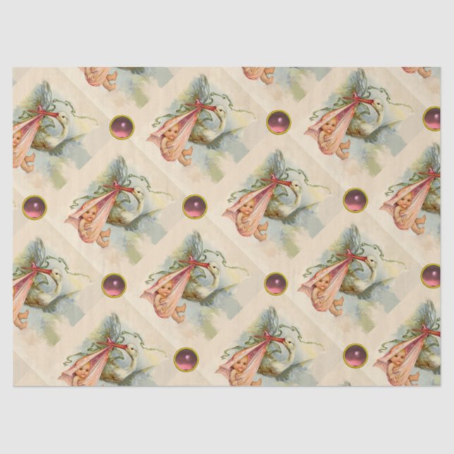 PAPIER MOUSSELINE STORK BABY SHOWER FILLE GEMMES ROSES (Recto)