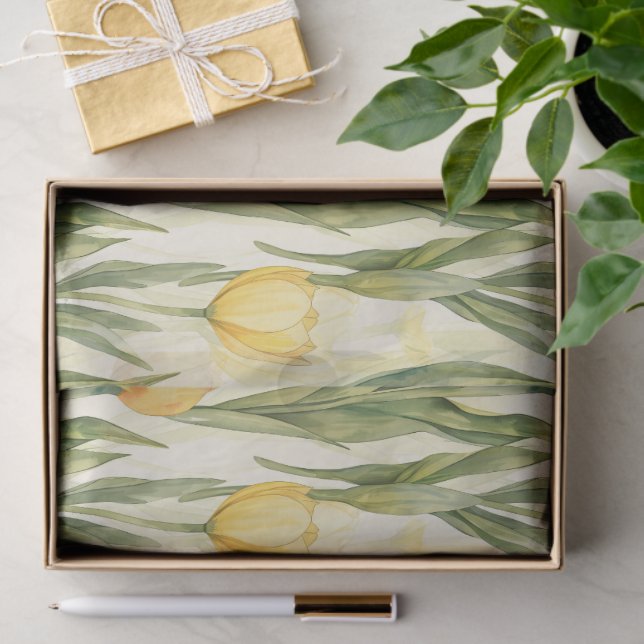 Papier Mousseline Style Aquarelle Tulipes Jaunes Imprimé (Cadeau)