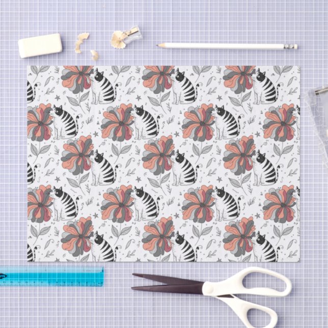 Papier Mousseline Style de chat de dessin abstrait sentant une fleur (Artisanat)