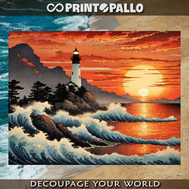 Papier Mousseline style de vagues Hokusai avec phare côtier (Créateur téléchargé)