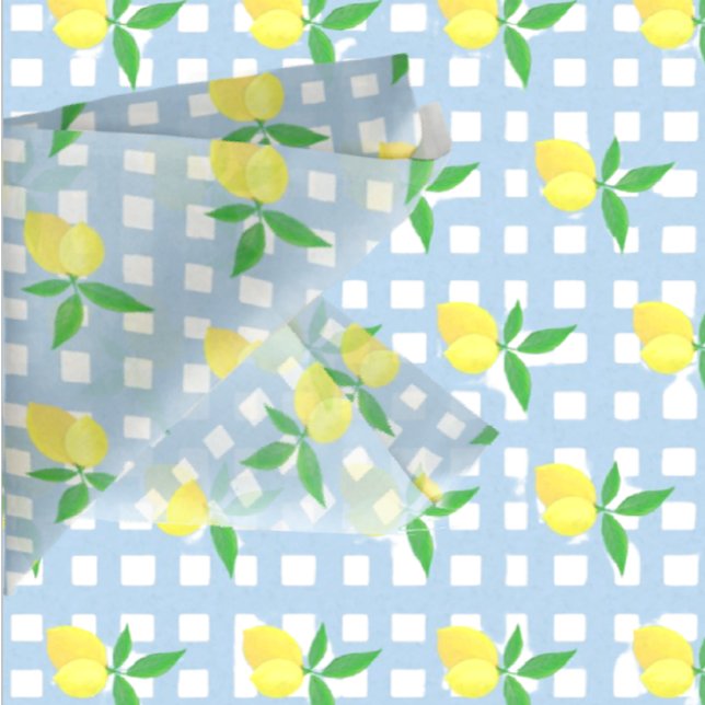 Papier Mousseline Style Rétro Prépa Jaune Citrons Vérification Bleue (Sunny lemony tissue paper, for gift wrapping, or découpage!)