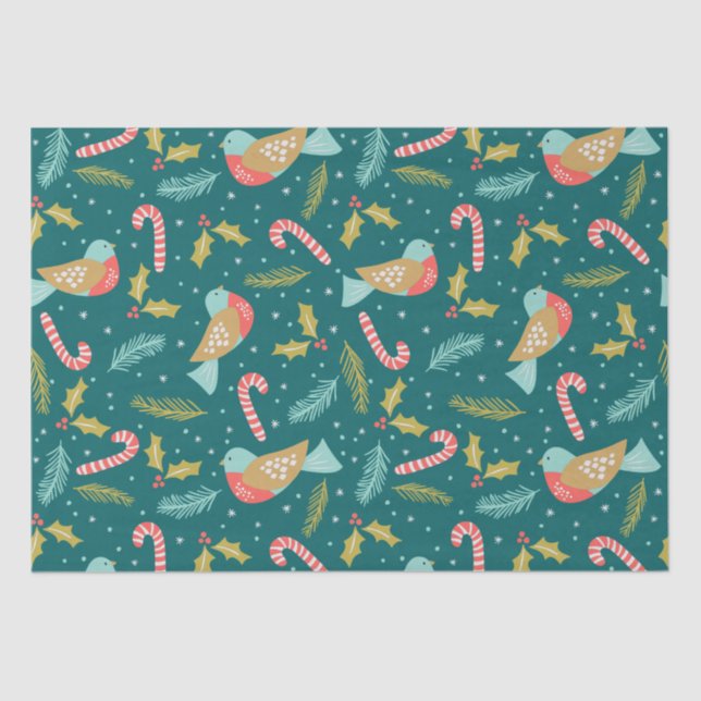 Papier Mousseline Sucres de canne Holly Pine Boughs Oiseaux (Recto)