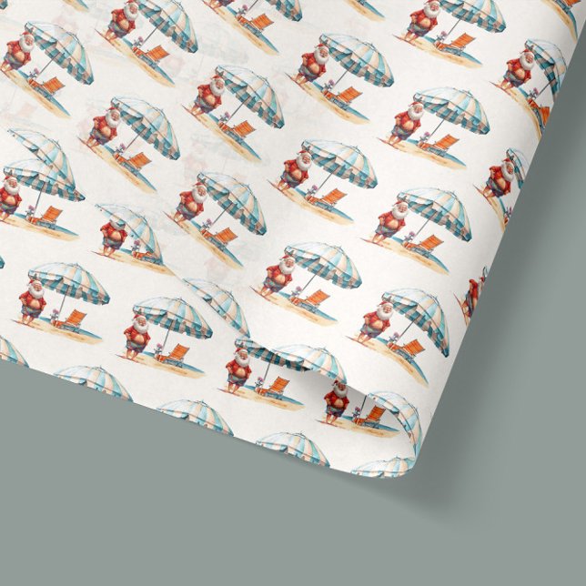 Papier Mousseline Summer Père Noël Beach Noël en juillet Fête d'été (Santa Claus at the beach with a swimsuit and umbrella, funny Christmas in July wrapping tissue paper)