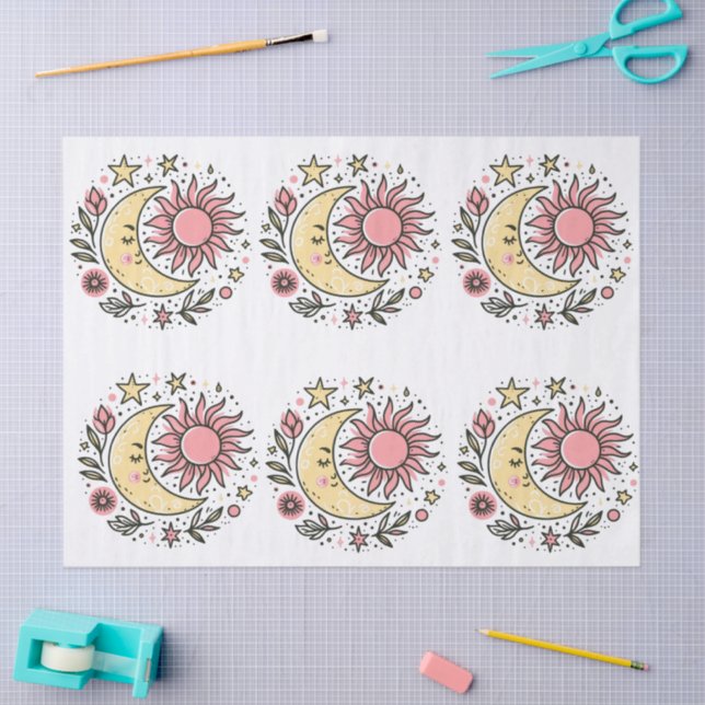 Papier Mousseline Sun Moon Stars Floral rose Jaune Découpage (Artisanat)