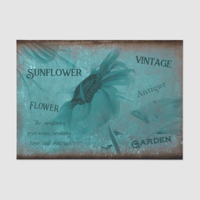 Papier Mousseline Sunflower Bleu Turquoise Antique Script Vintage (Recto)