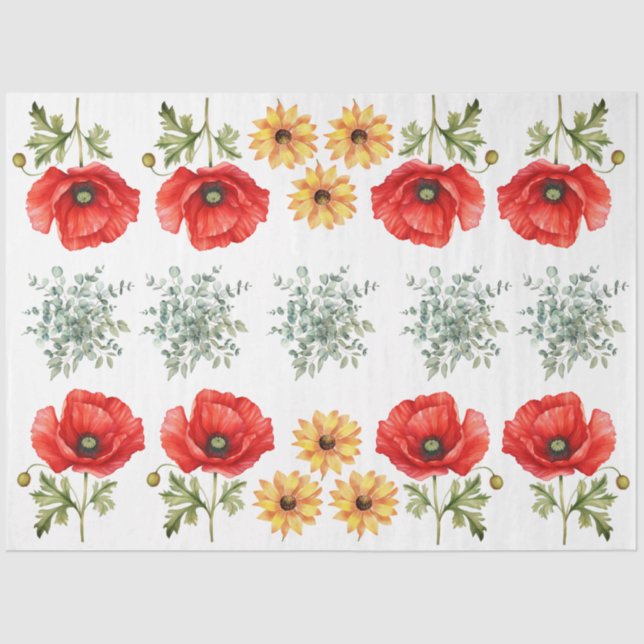 Papier Mousseline Sunflowers, Red Poppies & Eucalyptus  Decoupage (Recto)