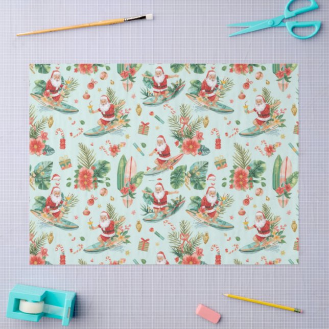 Papier Mousseline Surfing Santa Christmas Wrapping Paper Sheets  (Artisanat)