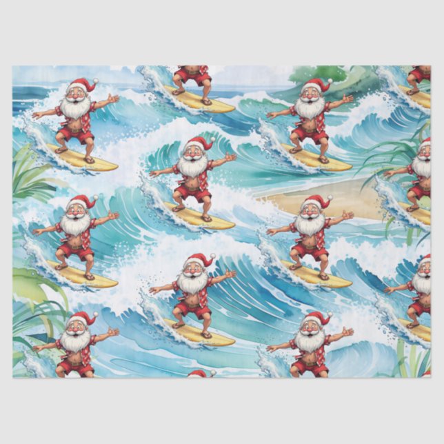 Papier Mousseline Surfing Santa is on big wave in Hawaii  (Recto)