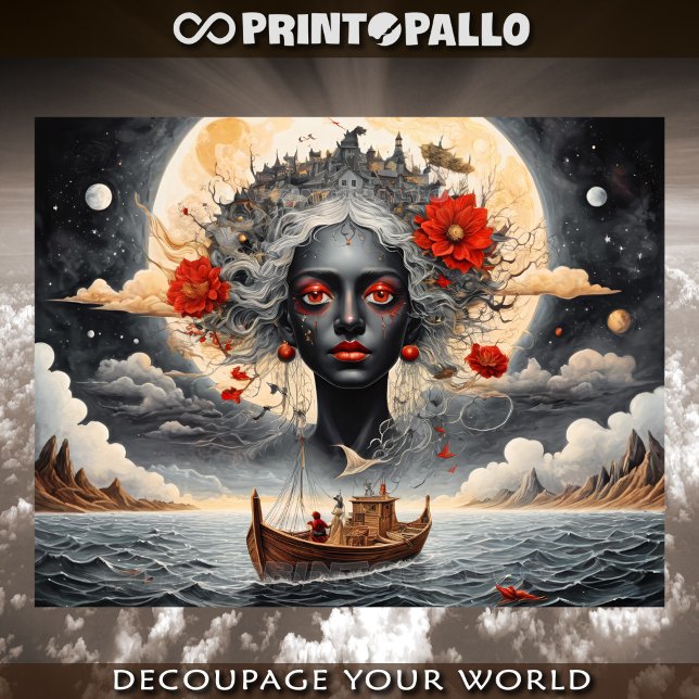 Papier Mousseline Surreal black woman dreaming of sea and moon (Créateur téléchargé)