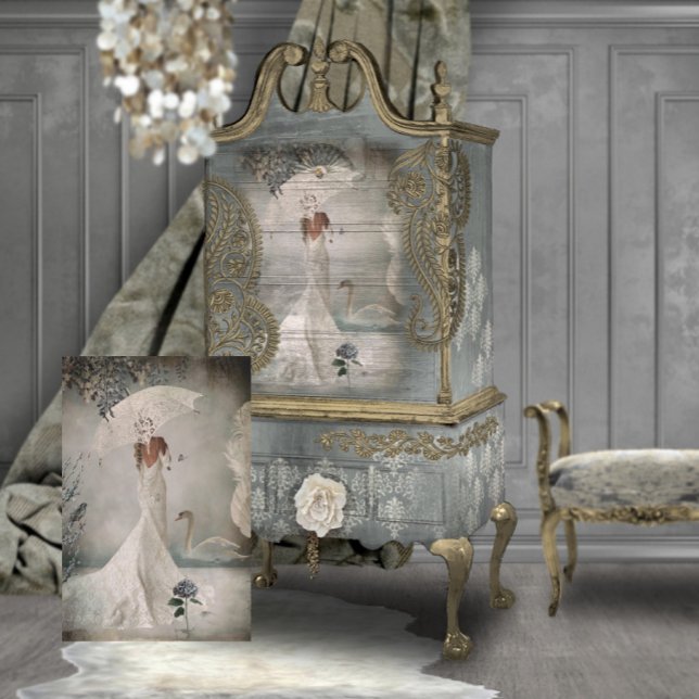 Papier Mousseline Swan Lake Blue Floral Portrait de mariée Art (Swan Lake Portrait of a bride standing with a parasol Art for furniture Decoupage)