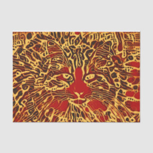 Papier Mousseline Tabby Abstrait Tribal Chat Rouge Jaune Hippie Art