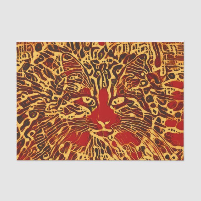 Papier Mousseline Tabby Abstrait Tribal Chat Rouge Jaune Hippie Art (Recto)