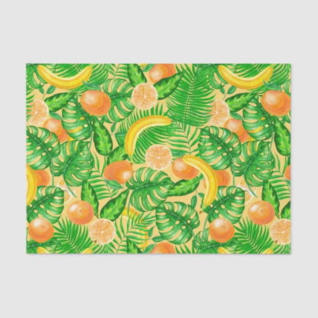 Papier Mousseline Tangerines, bananes et feuilles tropicaux (Recto)