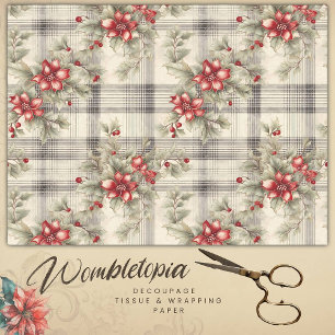 Papier Mousseline Tartan rouge poinsettia vintage, Découpage