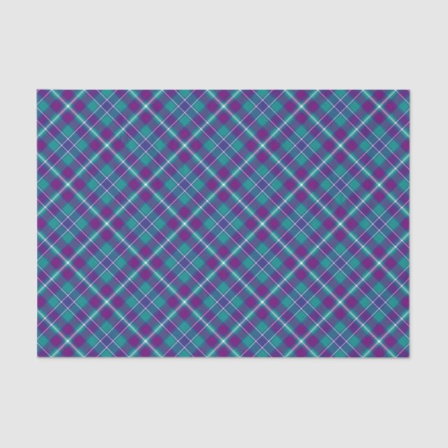 Papier Mousseline Tartan vert de mer, violet et bleu (Recto)
