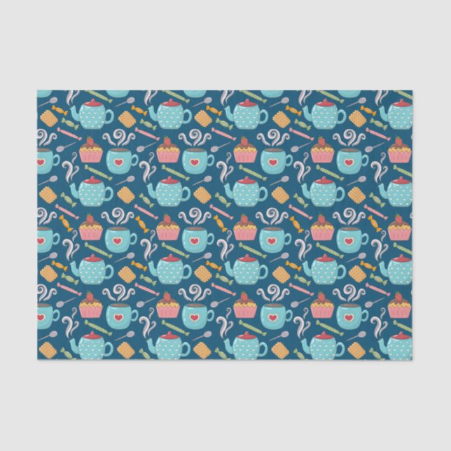 Papier Mousseline Tasse de café Thé Biscuit Cupcake Teapot bleu (Recto)