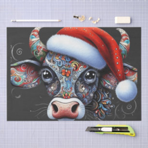 Papier Mousseline Taureau de vache de Noël avec/Santa Hat Folk Décou