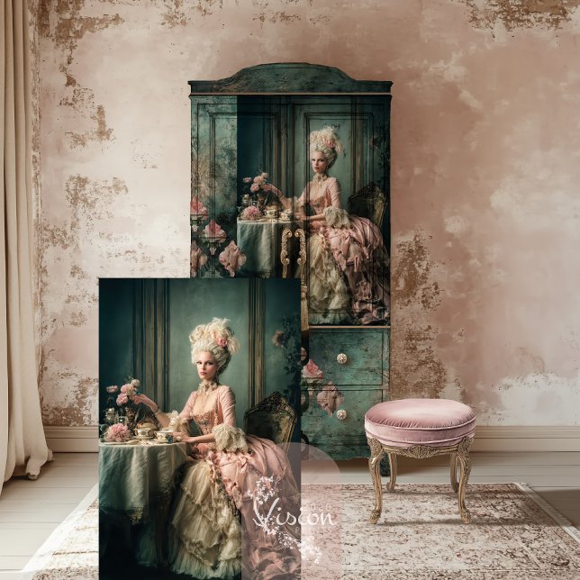 Papier Mousseline Tea Time Mary Antoinette Portrait Lady assise (Tea Time, Mary Antoinette, French Lady Sitting, Baroque Era, Blush pink & Emerald Green Decoupage)