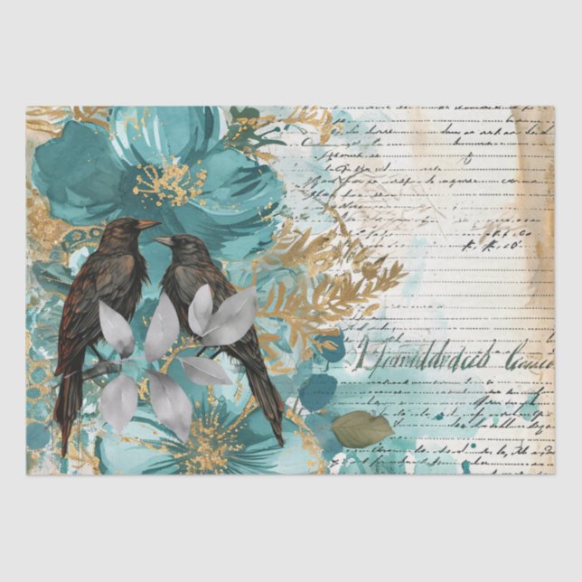 Papier Mousseline Teal & Gold Distressed Floral & Ravens (Recto)