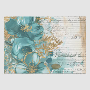 Papier Mousseline Teal & Or Distressed Vintage Inspiré Floral
