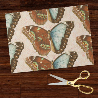 Papier Mousseline Teal Orange Butterflies on Vintage Blush Damask