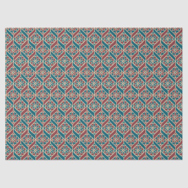 Papier Mousseline Teal, rouge foncé, motif floral ethnique beige (Recto)