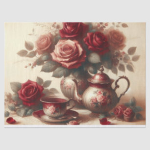 Papier Mousseline Teapot vintage et Fleur de Rose rouge