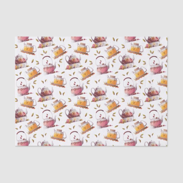 Papier Mousseline Teapots et Feuilles de thé Aquarelle (Recto)