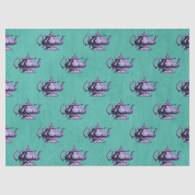 Papier Mousseline Teapots violets sur la page de découpage Turquoise (Recto)