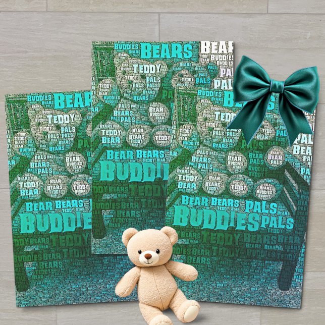 Papier Mousseline Teddy Bear Best Friends Embedded Word Cloud (multicolor green blue tissue paper word cloud teddy bear design)