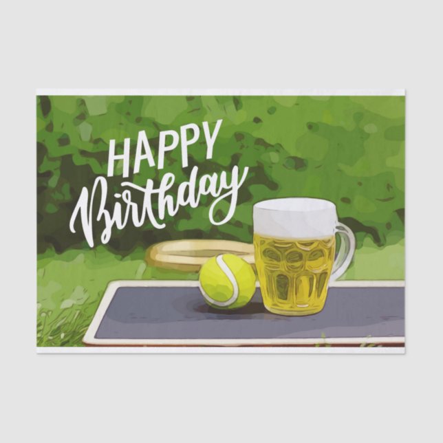 Papier Mousseline Tennis Anniversaire avec bière et raquette à balle (Recto)